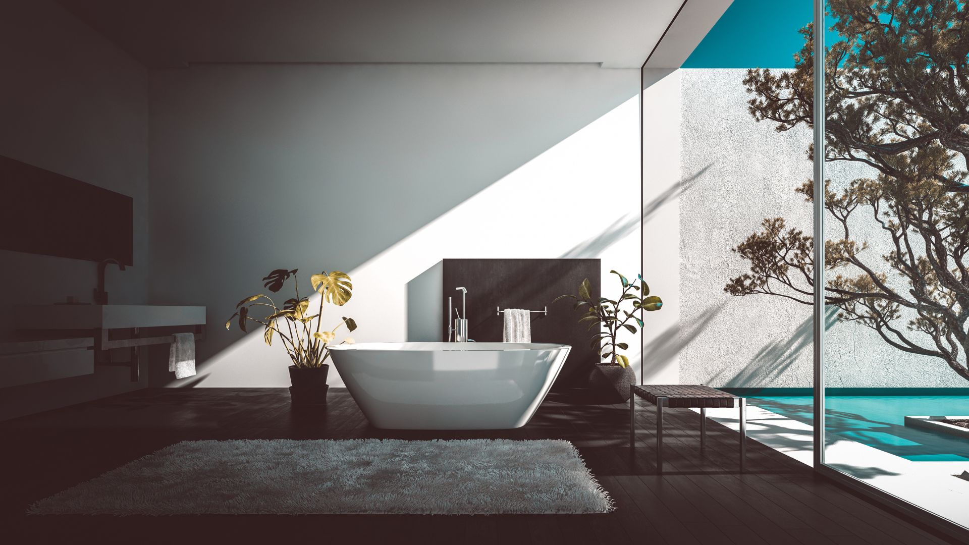 Baño moderno con bañera de diseño y grifería premium, ideal para proyectos de renovación y construcción en Argentina.